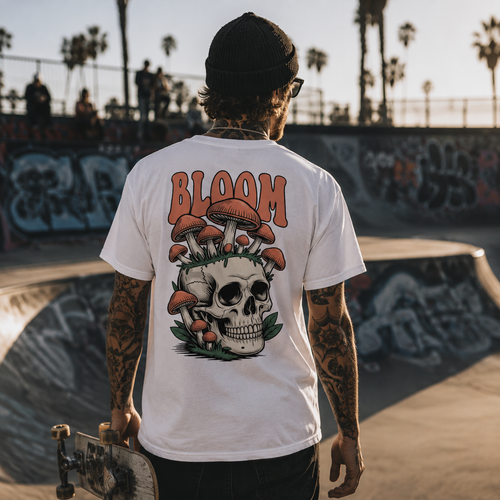 bloom skull mushroom shirt, mushroom skull t-shirt, gothic botanical shirt, alternative skater tee, back print graphic shirt, oversized streetwear t-shirt, skull and fungi design, dark nature apparel, rock style men’s shirt, hipster skate outfit, vintage mushroom graphic tee, skatepark streetwear, tattooed skater fashion, gothic forest shirt, psychedelic mushroom t-shirt, edgy back print tee, alternative men’s clothing, urban skateboarding shirt, botanical skull artwork, Merloan alternative shirt