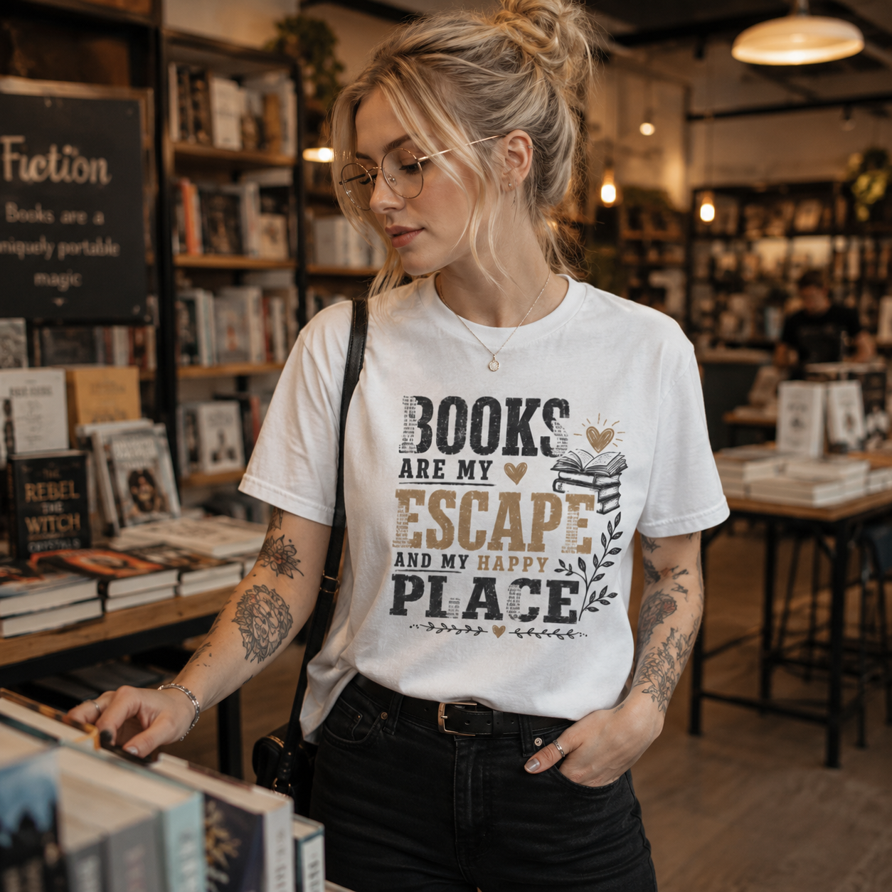 books are my escape shirt, book lover t-shirt, bibliophile graphic tee, happy place book shirt, reading lover apparel, bookstore outfit, literary gift for women, bookworm t-shirt, alternative book lover fashion, hipster reader shirt, white bookish graphic tee, modern bookstore style, reader gift for her, book club shirt, cozy reading aesthetic, literature lover clothing, book nerd gift, vintage book graphic shirt, women’s book lover tee, Merloan book lovers shirt