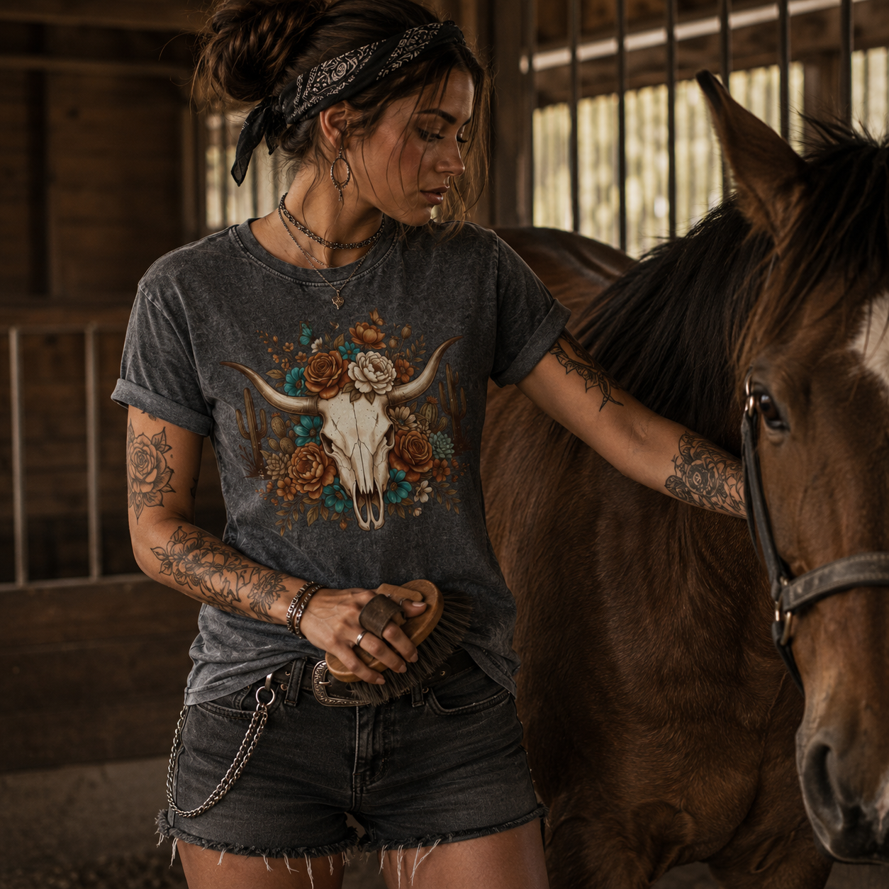 bull skull floral shirt, western skull t-shirt, cow skull graphic tee, country style women’s shirt, boho western t-shirt, floral cattle skull shirt, ranch girl outfit, cowgirl graphic tee, vintage western fashion, horse stable outfit, mustang lover shirt, botanical western design, alternative country clothing, distressed black t-shirt, western floral apparel, horse grooming outfit, rustic cowgirl style, rodeo inspired shirt, Merloan western shirt, Merloan cow skull tee