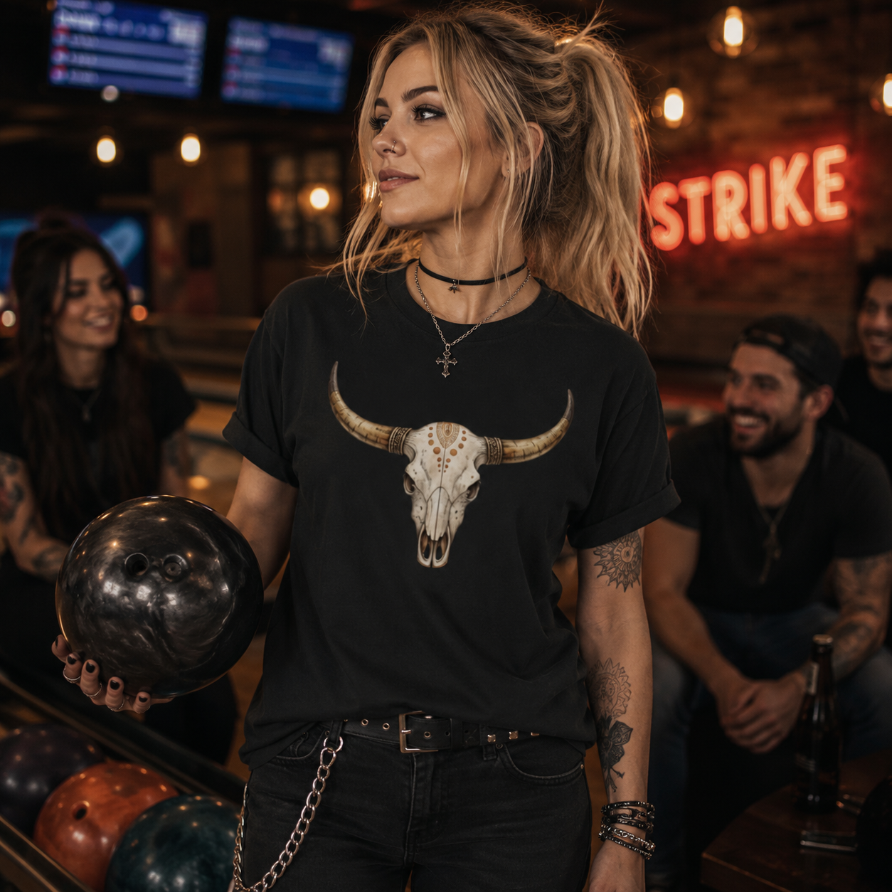 bull skull t-shirt, cow skull graphic tee, western skull shirt, alternative women’s fashion, rock style women’s t-shirt, black graphic tee women, bowling night outfit, casual rock streetwear, gothic western shirt, boho skull t-shirt, country rock fashion, alternative bowling outfit, skull lover gift, western graphic t-shirt, edgy women’s clothing, black statement tee, rockabilly women’s fashion, friends night out outfit, cow skull artwork, dark boho fashion, urban western style, casual alternative clothing,