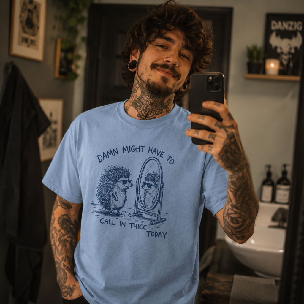 call in thicc today shirt, funny hedgehog t-shirt, cute animal graphic tee, hedgehog mirror shirt, humorous work excuse shirt, quirky graphic t-shirt, alternative hipster shirt, funny introvert tee, blue graphic t-shirt, hedgehog lover gift, sarcastic work shirt, playful animal apparel, cozy casual streetwear, funny office humor shirt, cute hedgehog design, men’s alternative fashion, mirror selfie outfit, novelty animal t-shirt, Comfort Colors graphic tee, Merloan funny shirt