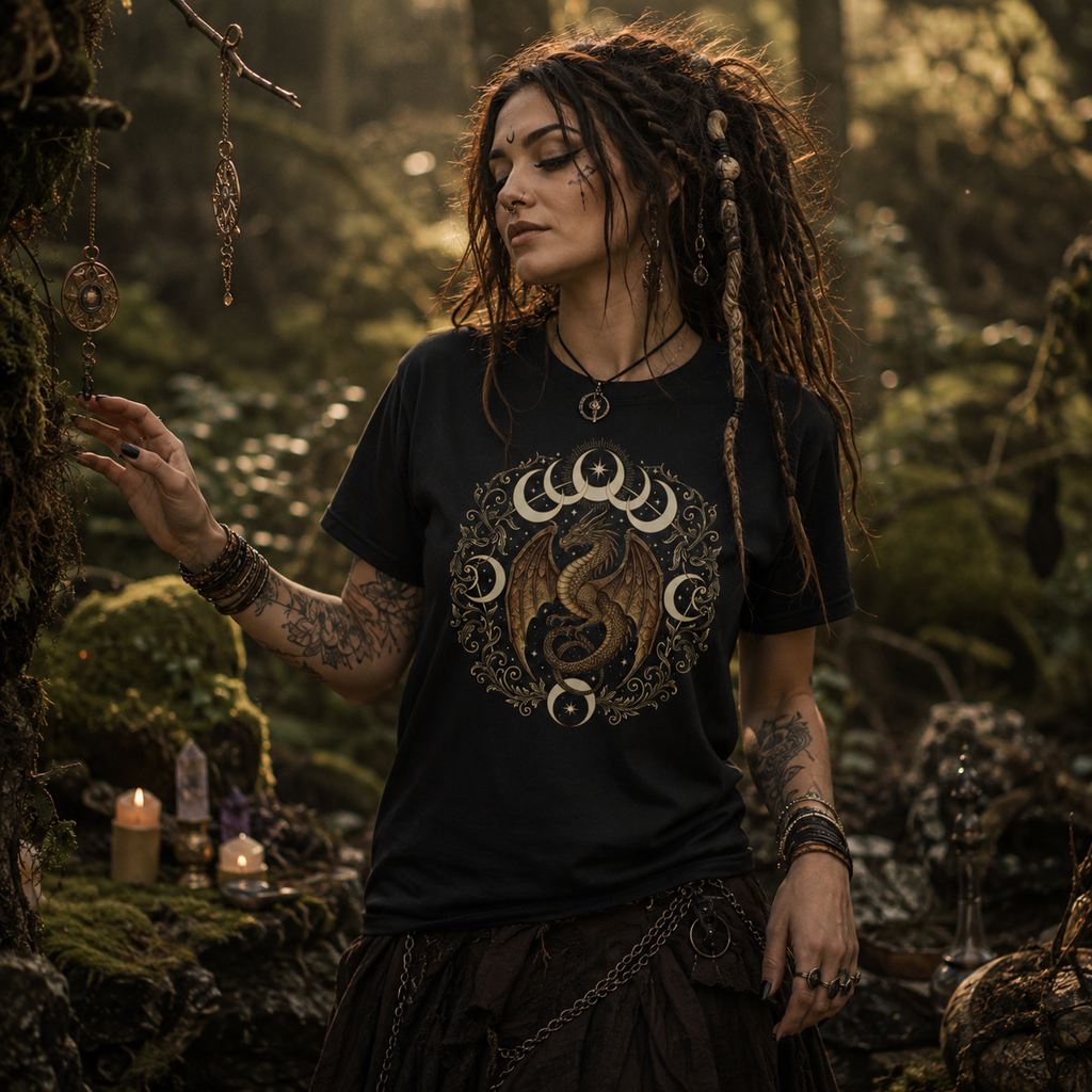 celestial dragon t-shirt, moon phase dragon shirt, witchy dragon graphic tee, wicca inspired clothing, mystical dragon t-shirt, golden dragon shirt, lunar cycle graphic tee, enchanted forest outfit, alternative women’s fashion, black graphic tee women, witchcore clothing, pagan inspired t-shirt, fantasy dragon apparel, occult celestial shirt, gothic fantasy clothing, magical woodland fashion, dragon lover gift, moon goddess aesthetic, dark boho t-shirt, celestial witch fashion, nature witch outfit, mystical