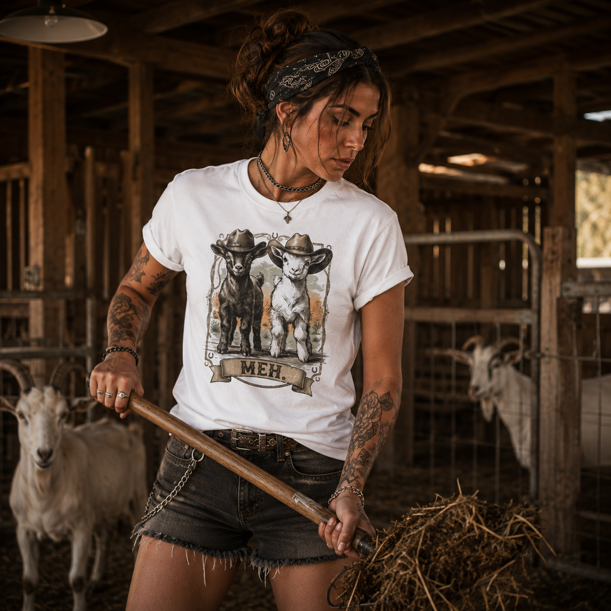 cowboy goats shirt, goat farmer t-shirt, funny farm animal tee, country girl graphic shirt, western goat t-shirt, rock country fashion, farm life shirt, goat lover gift, cowgirl graphic tee, rustic farmhouse apparel, ranch girl outfit, animal lover t-shirt, alternative country style, white graphic tee women, goat barn work shirt, funny goat design, western farm clothing, country lifestyle shirt, Merloan western shirt, Merloan goat shirt