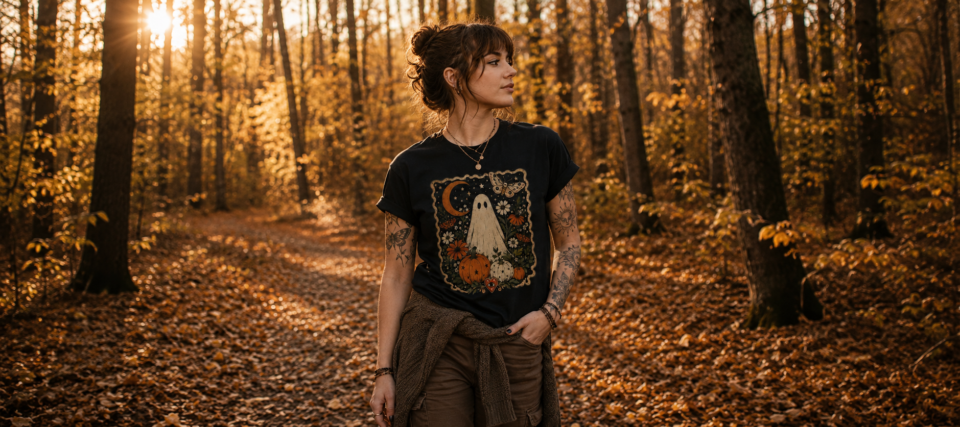 cozy ghost t-shirt, vintage Halloween shirt, autumn ghost graphic tee, spooky season t-shirt, botanical Halloween shirt, retro ghost print tee, pumpkin graphic t-shirt, witchy autumn clothing, alternative fall fashion, cozy forest walk outfit, cottagecore Halloween tee, moon and moth shirt, floral ghost t-shirt, black autumn graphic tee, spooky botanical shirt, women’s alternative Halloween shirt, unisex ghost graphic tee, warm fall aesthetic clothing, Halloween nature lover shirt, cozy spooky season outfit