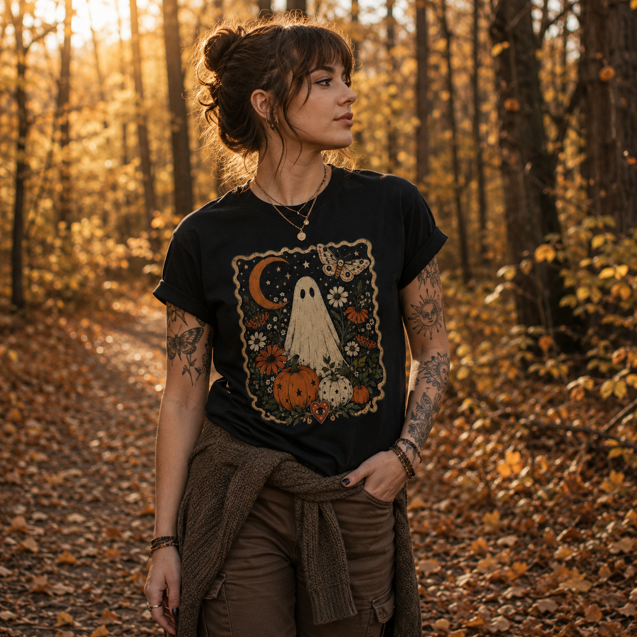 cozy ghost t-shirt, vintage Halloween shirt, autumn ghost graphic tee, spooky season t-shirt, botanical Halloween shirt, retro ghost print tee, pumpkin graphic t-shirt, witchy autumn clothing, alternative fall fashion, cozy forest walk outfit, cottagecore Halloween tee, moon and moth shirt, floral ghost t-shirt, black autumn graphic tee, spooky botanical shirt, women’s alternative Halloween shirt, unisex ghost graphic tee, warm fall aesthetic clothing, Halloween nature lover shirt, cozy spooky season outfit