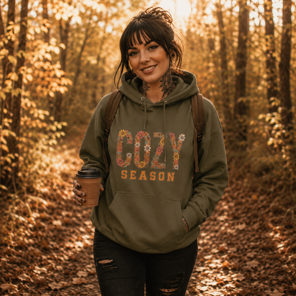 cozy season hoodie, autumn floral hoodie, fall graphic sweatshirt, cozy autumn outfit, olive green hoodie, floral fall hoodie, autumn forest walk outfit, warm fall clothing, cottagecore autumn hoodie, alternative fall fashion, women’s cozy hoodie, unisex autumn sweatshirt, nature lover hoodie, fall leaves outfit, woodland autumn clothing, cozy season pullover, botanical fall sweatshirt, rock style autumn outfit, pumpkin season hoodie, autumn lover gift