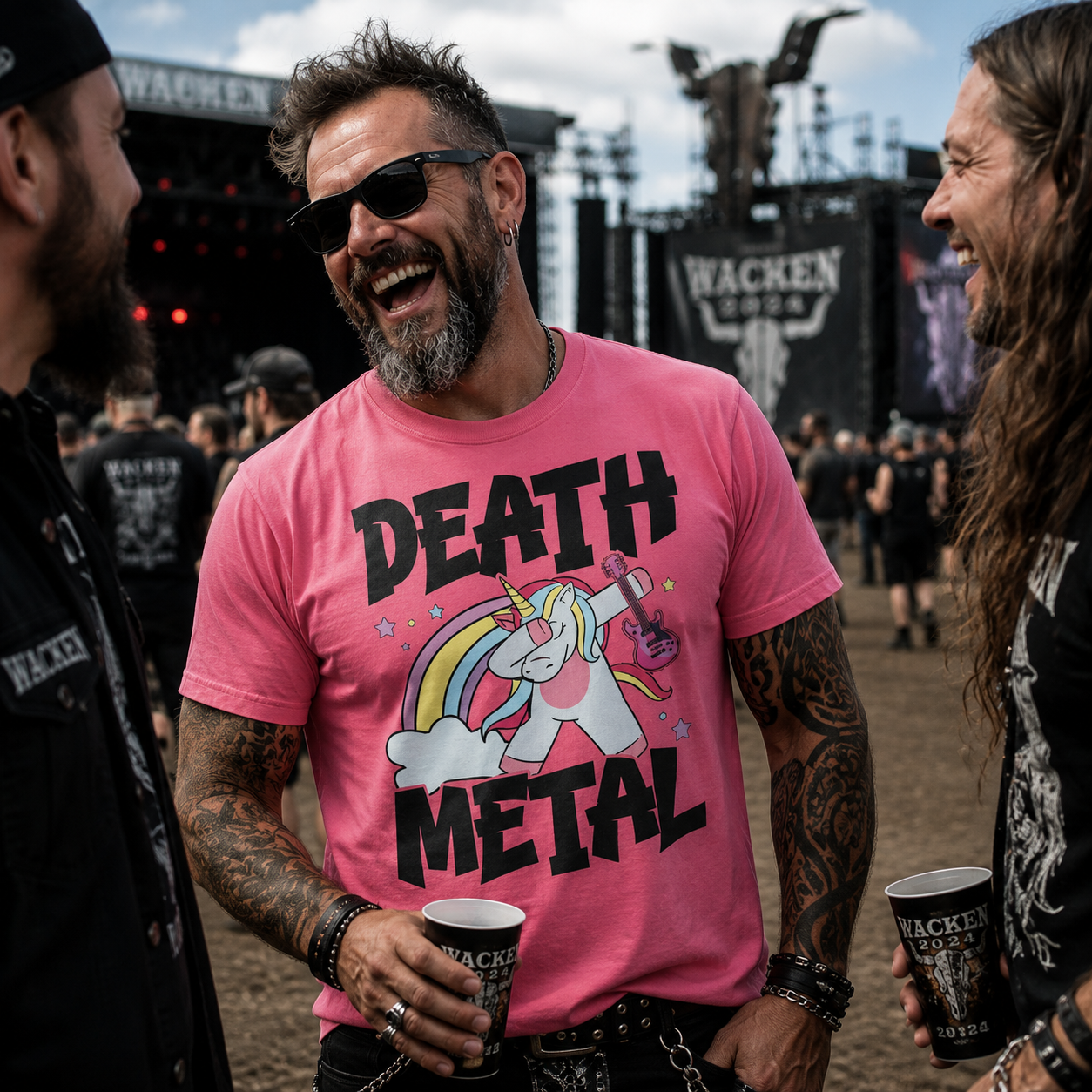 death metal unicorn t-shirt, heavy metal unicorn shirt, pink metal graphic tee, funny metal t-shirt, ironic rock shirt, alternative men’s fashion, masculine pink t-shirt, metal festival outfit, Wacken festival style, black metal humor shirt, unicorn rock t-shirt, colorful heavy metal tee, funny festival clothing, rocker graphic t-shirt, alternative festival fashion, metalhead gift for men, bold pink graphic shirt, death metal parody tee, rainbow unicorn metal shirt, muscular men’s festival outfit, unique ro