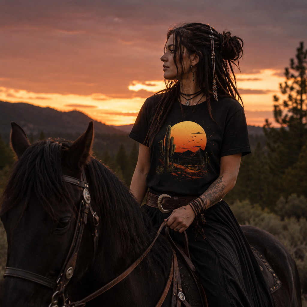 desert sunset t-shirt, cactus graphic tee, western landscape shirt, vintage desert t-shirt, southwestern graphic tee, sunset cactus shirt, boho western clothing, witchy cowgirl outfit, alternative western fashion, desert lover shirt, nature adventure t-shirt, retro cactus design, gothic western style, mystical desert shirt, horse riding outfit, cowgirl graphic tee, outdoor festival fashion, black western t-shirt, unisex desert tee, witchy boho streetwear