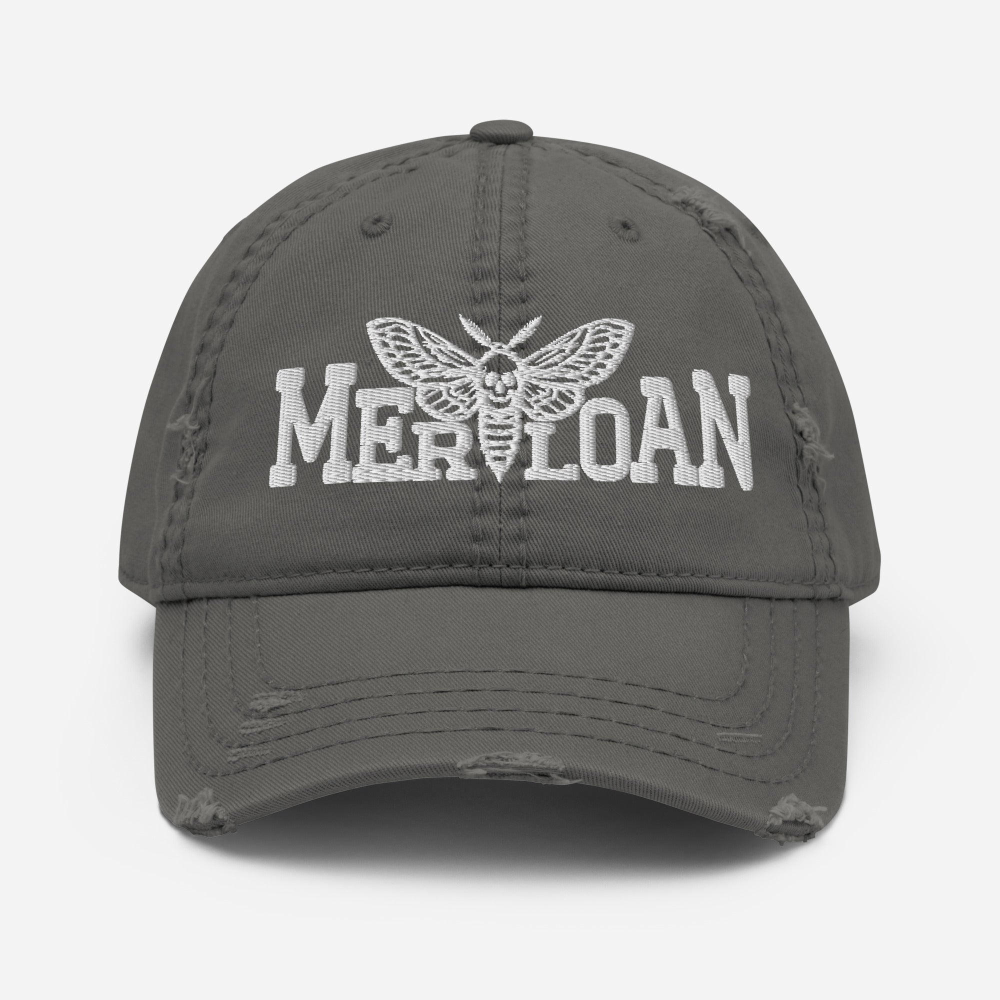 Basic Merloan cap, distressed dad hat, black distressed cap, cotton twill dad hat, unstructured baseball cap, low profile cap, adjustable dad hat, vintage style cap, distressed brim hat, casual streetwear cap, alternative fashion hat, minimalist logo cap, everyday cotton cap, Merloan headwear, unisex distressed hat