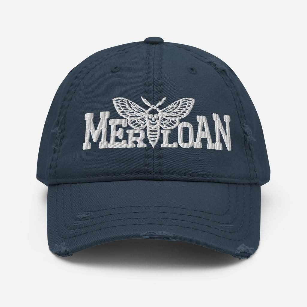 Basic Merloan cap, distressed dad hat, black distressed cap, cotton twill dad hat, unstructured baseball cap, low profile cap, adjustable dad hat, vintage style cap, distressed brim hat, casual streetwear cap, alternative fashion hat, minimalist logo cap, everyday cotton cap, Merloan headwear, unisex distressed hat
