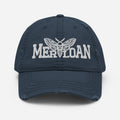 Basic Merloan cap, distressed dad hat, black distressed cap, cotton twill dad hat, unstructured baseball cap, low profile cap, adjustable dad hat, vintage style cap, distressed brim hat, casual streetwear cap, alternative fashion hat, minimalist logo cap, everyday cotton cap, Merloan headwear, unisex distressed hat
