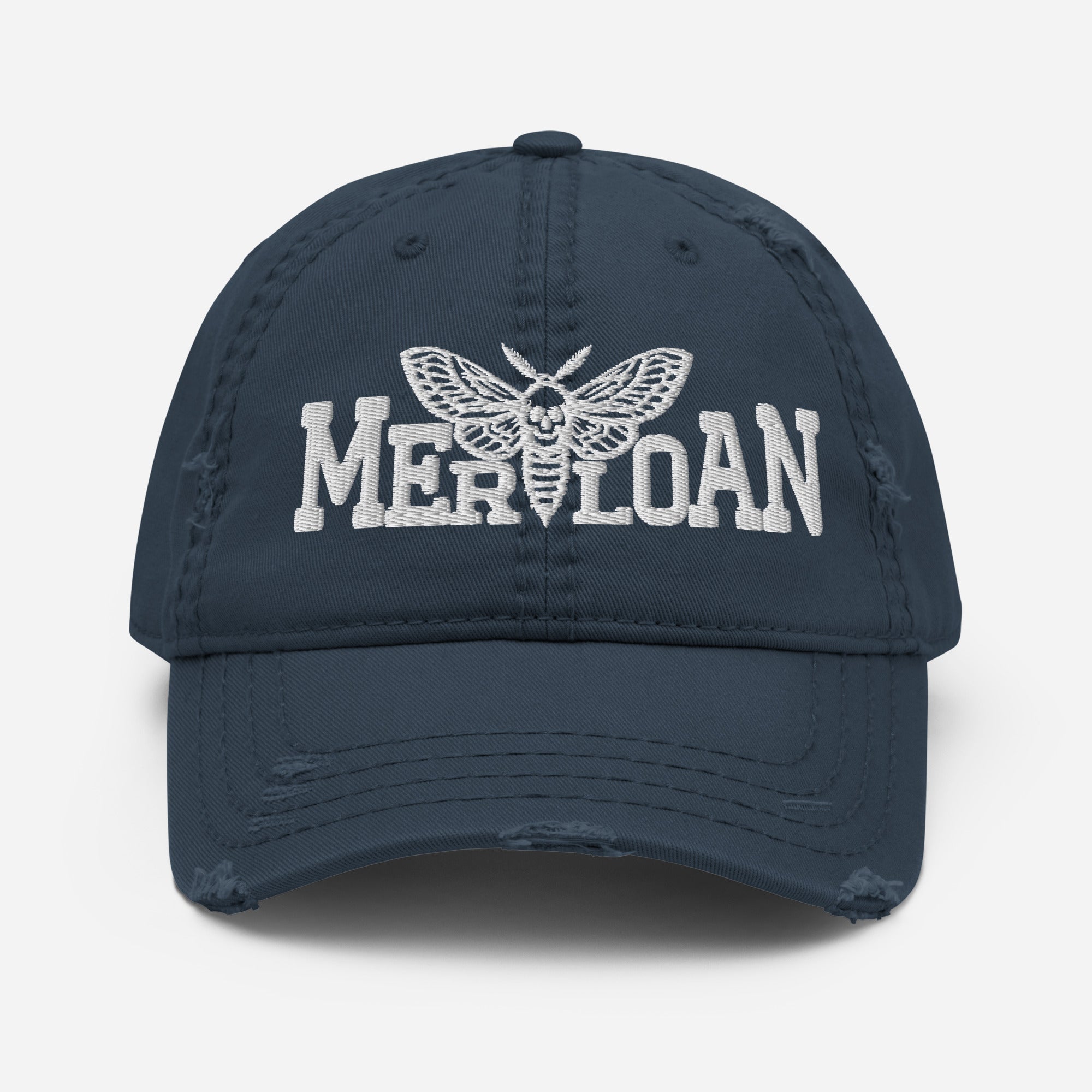 Basic Merloan cap, distressed dad hat, black distressed cap, cotton twill dad hat, unstructured baseball cap, low profile cap, adjustable dad hat, vintage style cap, distressed brim hat, casual streetwear cap, alternative fashion hat, minimalist logo cap, everyday cotton cap, Merloan headwear, unisex distressed hat