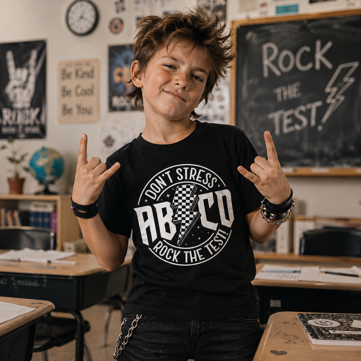 don’t stress rock the test t-shirt, ABCD kids shirt, school rock t-shirt, back to school shirt, funny school t-shirt, kids classroom shirt, test day outfit, exam day shirt, school motivation t-shirt, rock the test tee, little rocker shirt, rock and roll kids clothing, alternative kids fashion, punk kids clothing, cool kids t-shirt, black graphic t-shirt, boys school shirt, girls school shirt, unisex kids t-shirt, checkerboard lightning design, lightning bolt shirt, retro rock graphic tee, edgy kids clothing