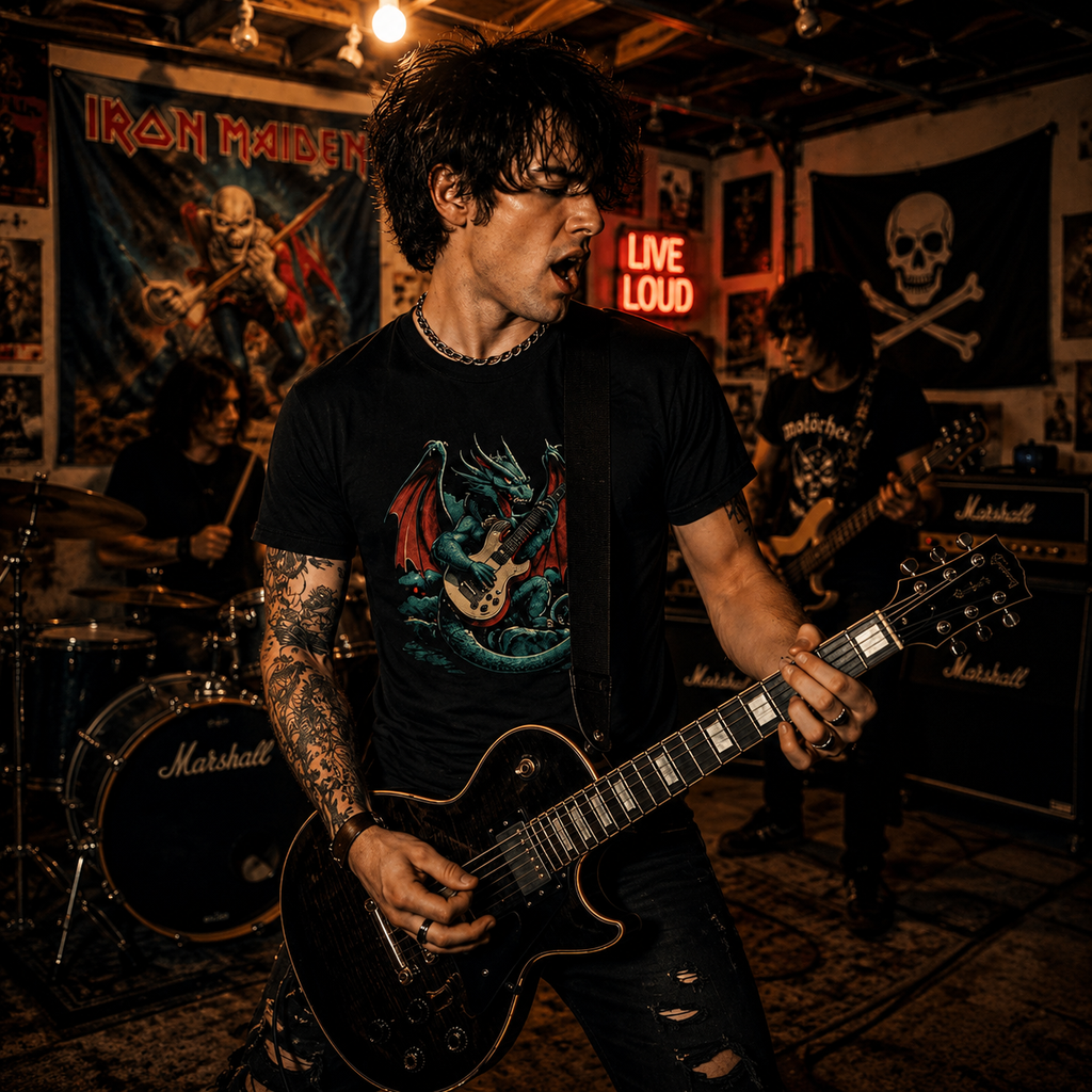 dragon guitar T-shirt, heavy metal dragon shirt, electric guitar dragon tee, rock dragon graphic T-shirt, fantasy metal shirt, guitar playing dragon, rock and roll dragon shirt, metalhead dragon T-shirt, musician dragon graphic tee, hard rock fantasy clothing, gothic dragon shirt, mythical creature T-shirt, fantasy guitar artwork, dragon musician shirt, heavy metal graphic tee, rock music lover gift, guitarist gift shirt, dragon lover gift, alternative rock clothing, metal festival T-shirt, heavyweight cott