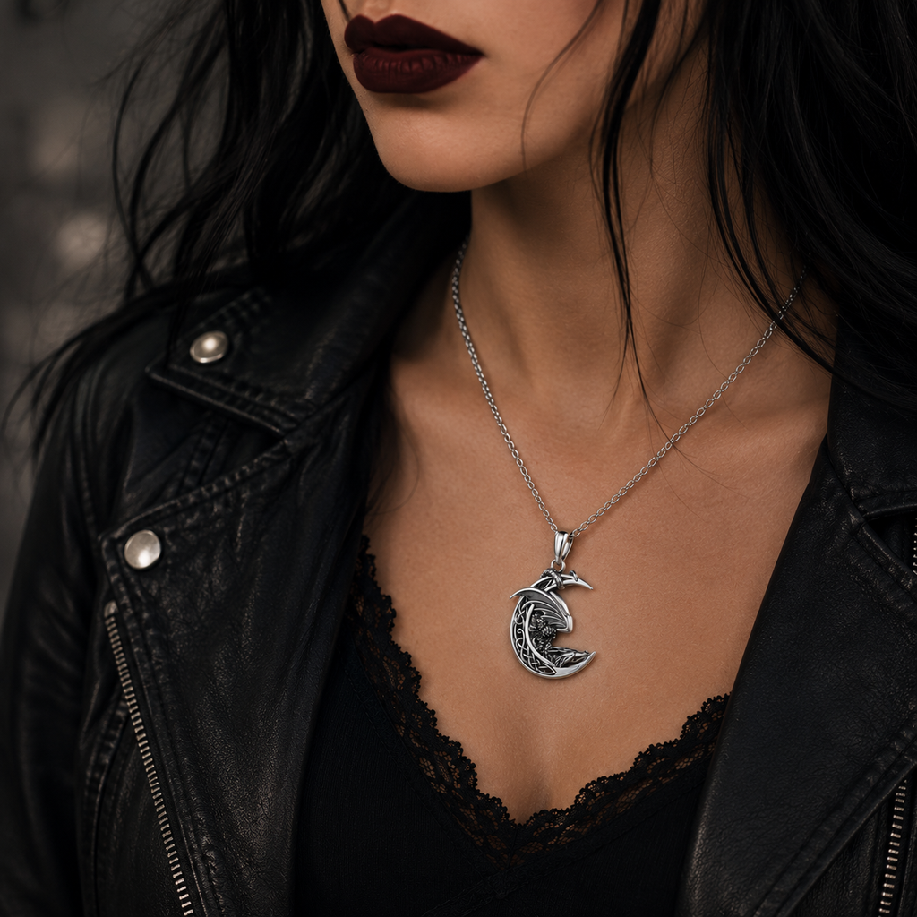 925 Sterling Silver Dragon Moon Necklace – Celtic Fantasy Pendant