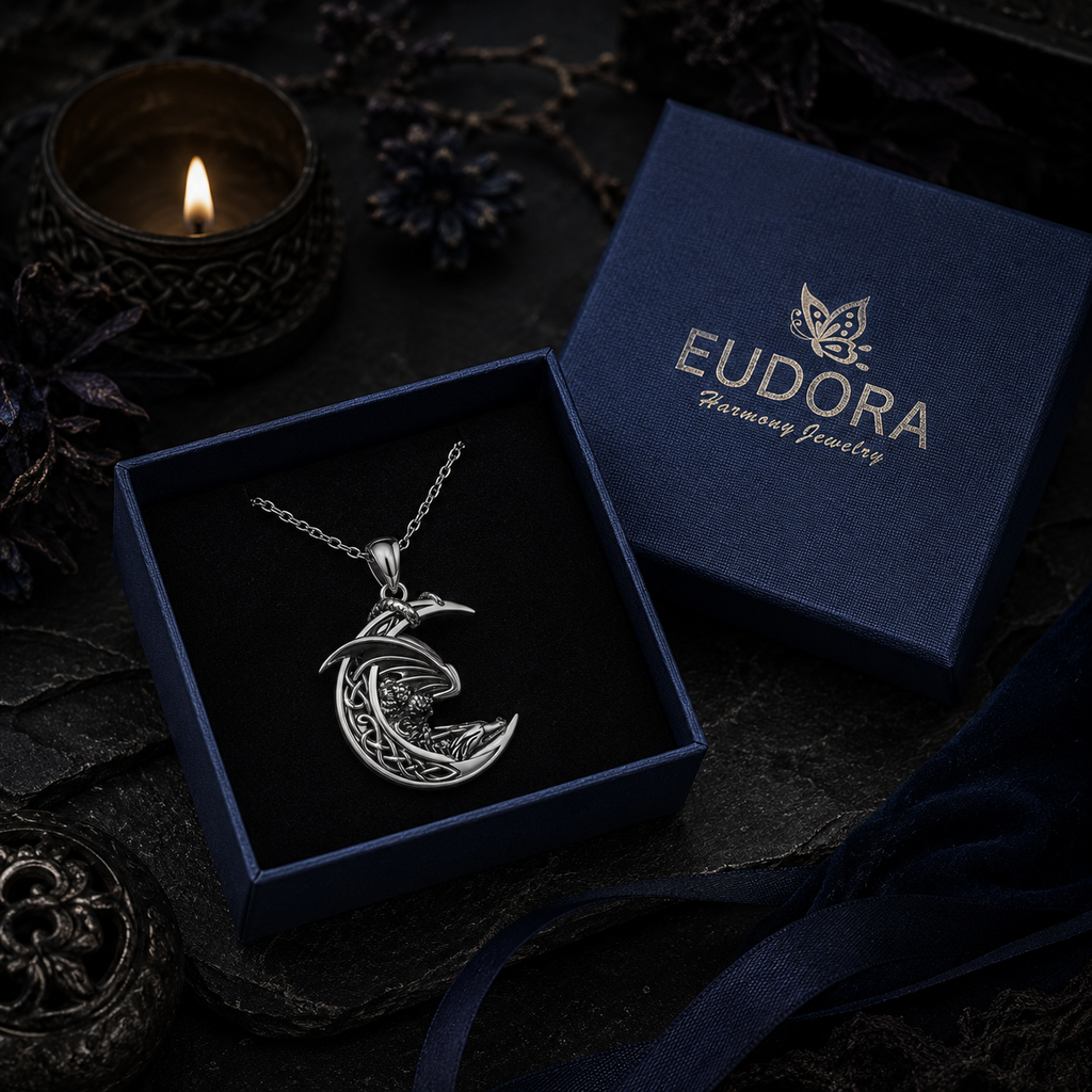 925 Sterling Silver Dragon Moon Necklace – Celtic Fantasy Pendant