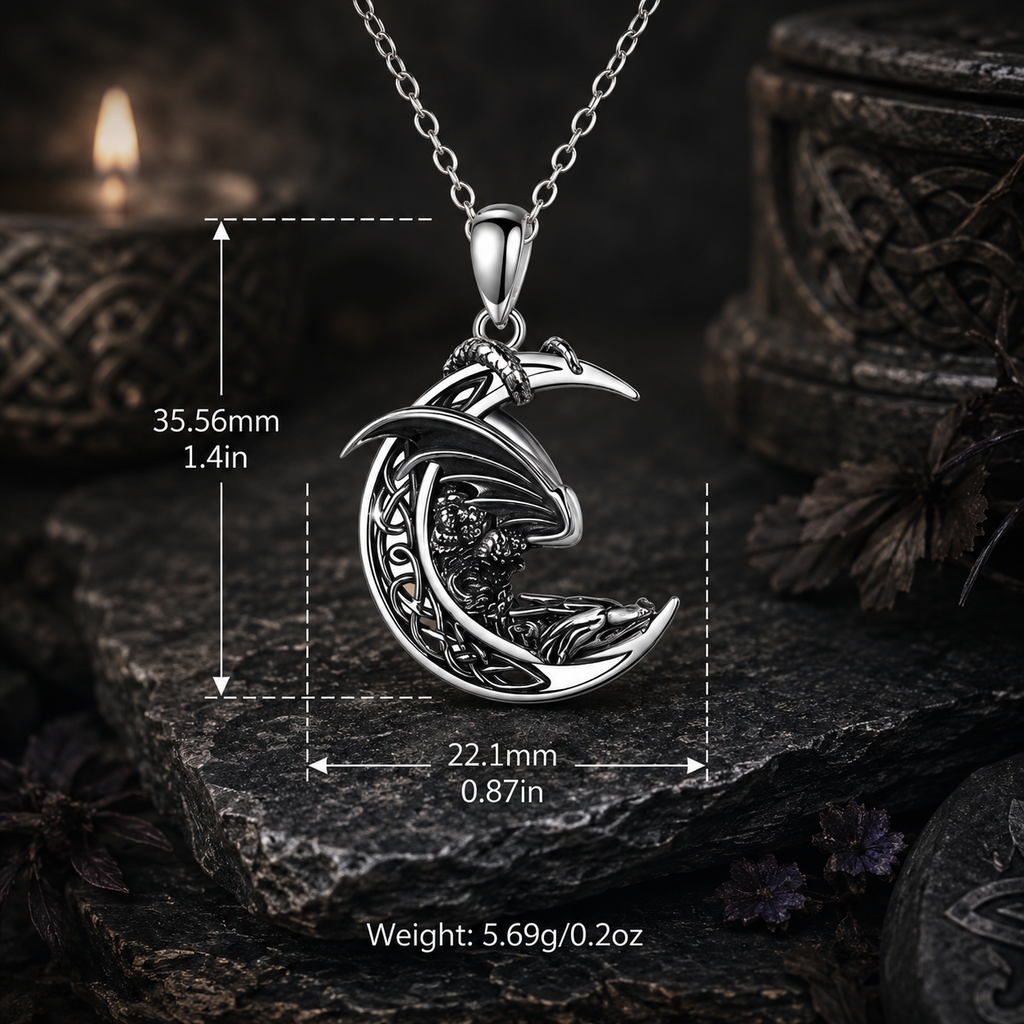 925 Sterling Silver Dragon Moon Necklace – Celtic Fantasy Pendant