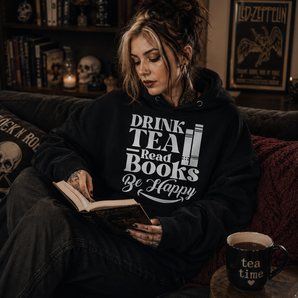 drink tea read books hoodie, tea lover hoodie, book lover hoodie, cozy reading hoodie, reader sweatshirt, bookworm hoodie, tea and books gift, literary hoodie, bookish streetwear, cozy reader outfit, warm hood sweatshirt, pouch pocket hoodie, introvert reader hoodie, tea drinking bookworm, Merloan book hoodie
