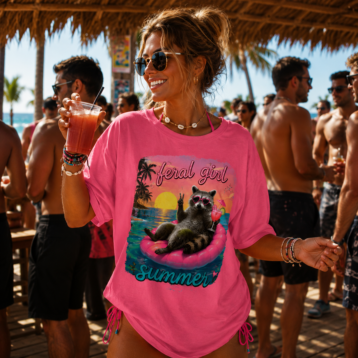 feral girl summer shirt, raccoon summer t-shirt, raccoon beach shirt, sunset raccoon tee, funny raccoon shirt, feral girl t-shirt, summer graphic tee, beach sunset shirt, wild summer shirt, funny animal tee, chaotic summer shirt, raccoon lover gift, heavyweight cotton t-shirt, garment-dyed tee, relaxed fit summer shirt