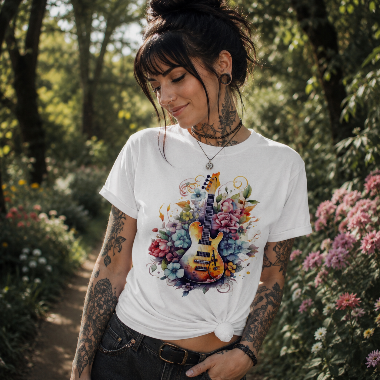 floral guitar t-shirt, electric guitar flower shirt, watercolor guitar graphic tee, music lover t-shirt, rock floral shirt, alternative women’s fashion, hipster summer outfit, botanical guitar design, white graphic t-shirt women, music festival style, guitar lover gift, floral music shirt, rock and flowers t-shirt, artistic guitar print, colorful graphic tee, alternative streetwear women, summer park outfit, knotted t-shirt style, indie rock fashion, musician gift for her, floral instrument artwork, boho ro