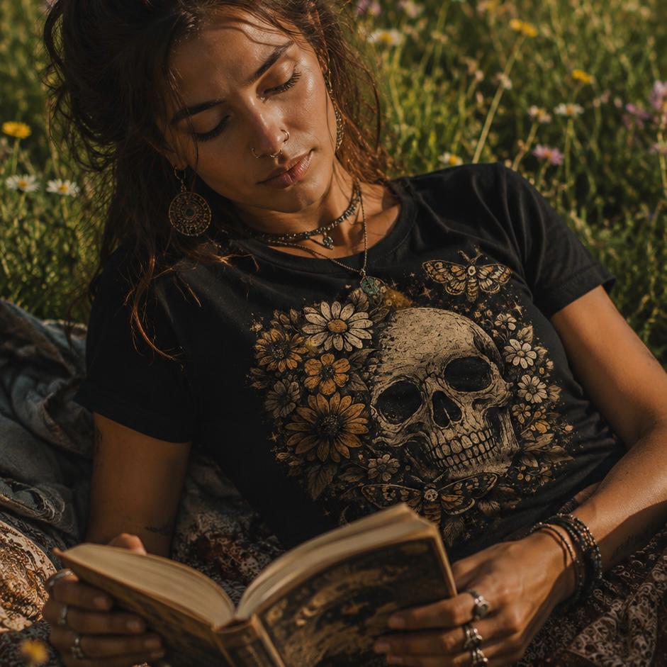 floral skull T-shirt, flower skull shirt, botanical skull graphic tee, ornate skull T-shirt, gothic floral shirt, skull with flowers tee, dark botanical clothing, vintage floral skull design, alternative skull T-shirt, gothic botanical fashion, detailed skull artwork, tattoo style skull shirt, rock style graphic tee, metalhead skull shirt, romantic gothic clothing, floral skeleton T-shirt, skull lover gift, gothic gift shirt, botanical graphic T-shirt, heavyweight cotton T-shirt, garment-dyed unisex tee, re