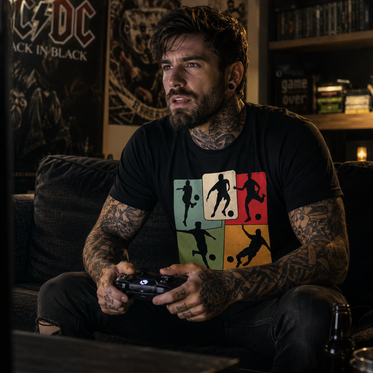 football gaming shirt, soccer gamer t-shirt, retro football graphic tee, FIFA gamer shirt, Xbox football gaming tee, football player silhouette shirt, gamer gift for men, soccer video game apparel, console gamer t-shirt, match day gaming shirt, alternative gamer fashion, rock style gaming tee, football fan graphic shirt, black gamer t-shirt, sports gaming apparel, football gaming gift, vintage soccer graphic tee, gaming room outfit, football and Xbox shirt, Merloan gamer shirt