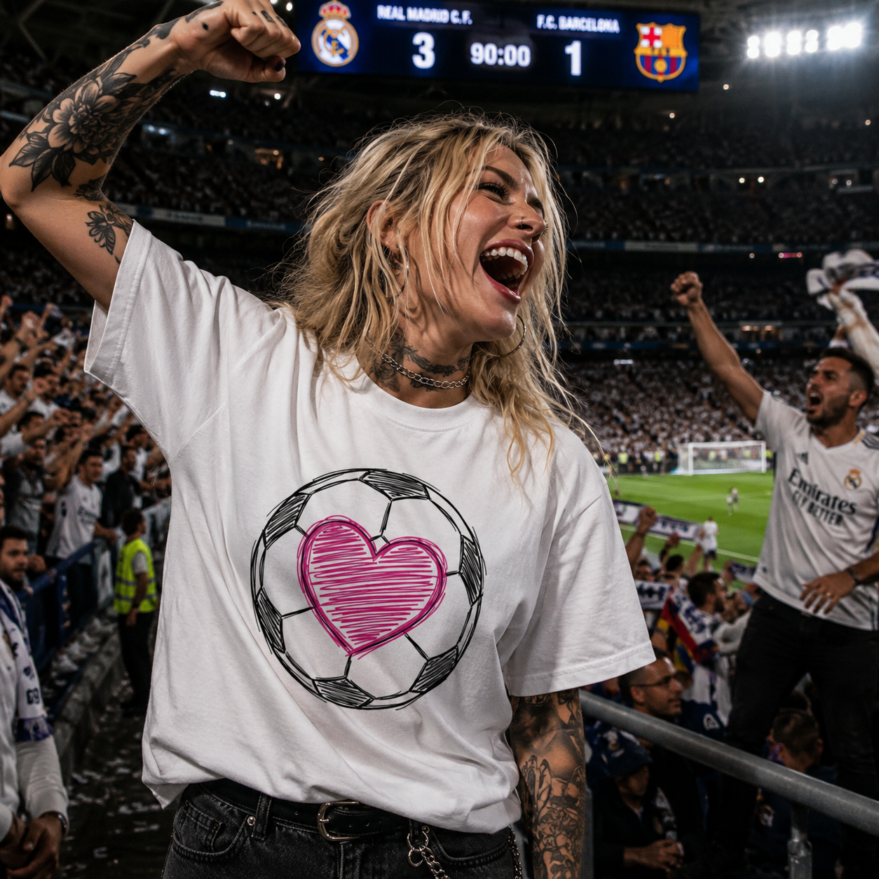 football heart shirt, soccer love t-shirt, football fan graphic tee, women’s soccer shirt, football stadium outfit, El Clásico fan shirt, Madrid football supporter tee, Barcelona match day shirt, soccer heart graphic shirt, football lover gift, women’s match day outfit, alternative football fashion, rock style soccer shirt, white football graphic tee, stadium fan apparel, football mom shirt, soccer supporter t-shirt, women’s sports fan clothing, football passion shirt, Merloan football shirt