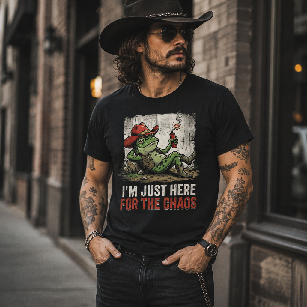 I’m Just Here for the Chaos T-shirt, cowboy frog T-shirt, frog with dynamite shirt, funny chaos quote tee, Western frog graphic shirt, chaotic frog T-shirt, laid-back frog shirt, dynamite graphic tee, funny cowboy shirt, sarcastic frog T-shirt, vintage Western frog design, grumpy frog graphic tee, quirky animal shirt, humorous statement T-shirt, Wild West frog shirt, alternative graphic tee, funny frog lover gift, chaos lover shirt, cowboy humor clothing, heavyweight cotton T-shirt, garment-dyed unisex tee,