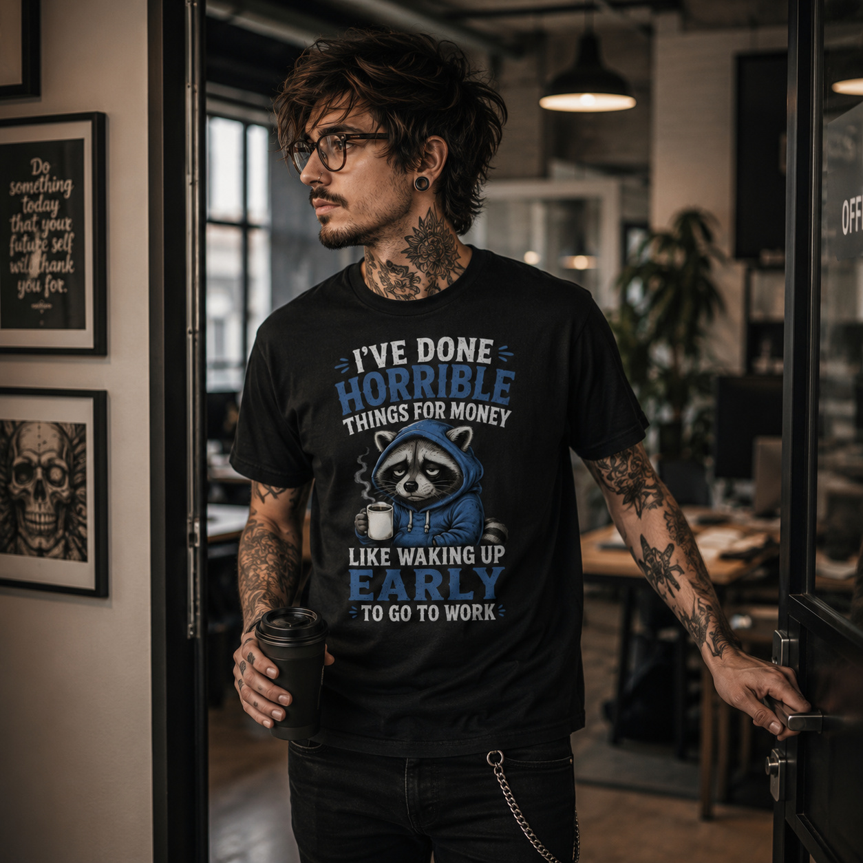 funny work shirt, waking up early t-shirt, office humor graphic tee, raccoon coffee shirt, sarcastic workwear shirt, Monday morning t-shirt, alternative hipster clothing, funny employee shirt, work life graphic tee, coffee lover t-shirt, tired at work shirt, office entrance outfit, black graphic t-shirt, sarcastic quote shirt, morning struggle tee, casual office streetwear, funny raccoon apparel, young professional graphic shirt, workplace humor gift, Merloan funny shirt