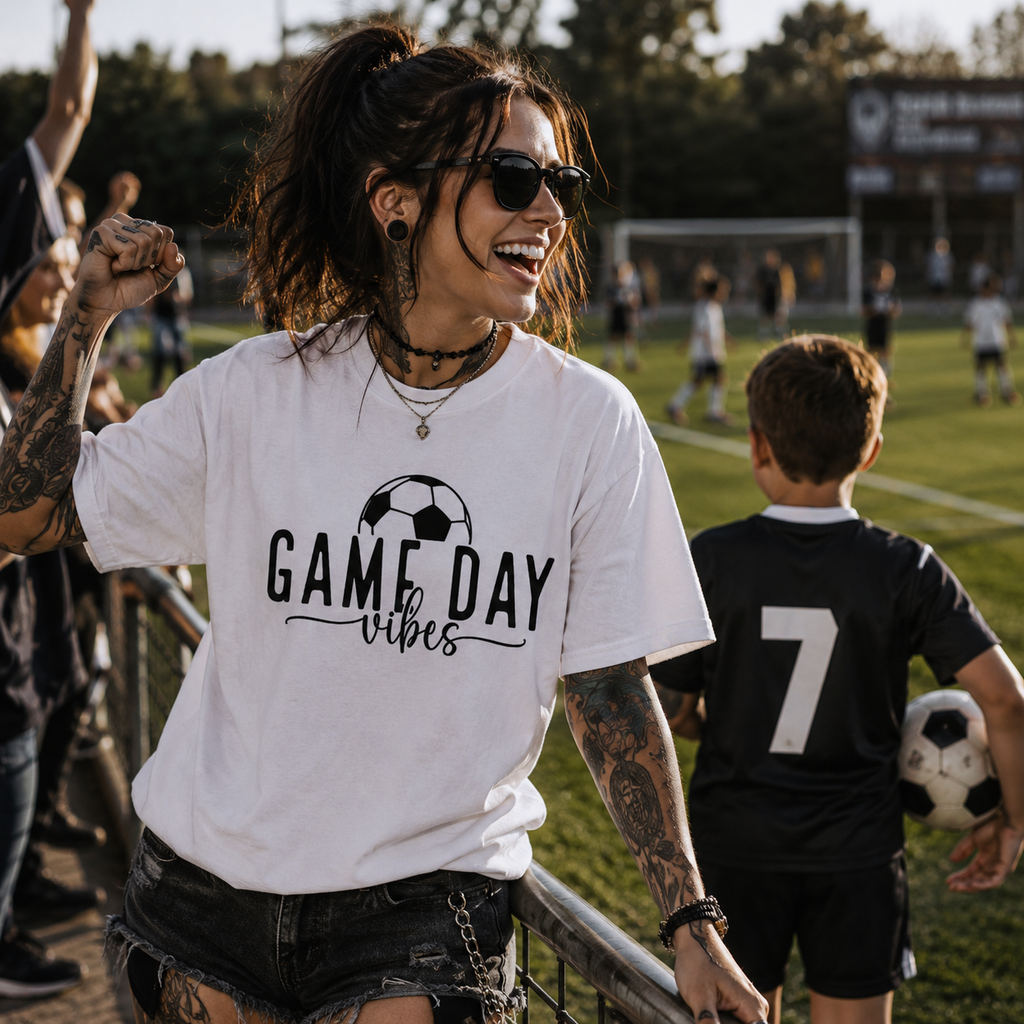 game day vibes shirt, soccer mom t-shirt, football match day shirt, women’s soccer graphic tee, football mom outfit, sideline supporter shirt, soccer field outfit, cheering mom t-shirt, youth football mom shirt, match day vibes tee, football family apparel, soccer lover gift, women’s sports fan shirt, alternative football fashion, rock style soccer tee, white football graphic shirt, proud soccer mom shirt, game day supporter apparel, football tournament outfit, Merloan football shirt