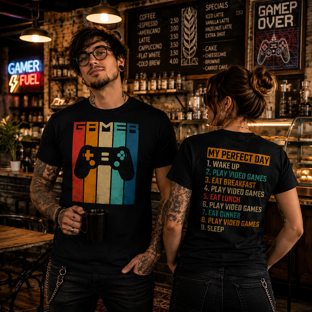 gamer t-shirt, retro gaming shirt, video game controller tee, gaming couple shirts, matching gamer shirts, my perfect day shirt, gaming lifestyle apparel, vintage gamer graphic tee, console gaming shirt, gamer gift, unisex gaming t-shirt, nerdy graphic tee, gaming café fashion, video game lover shirt, colorful retro gaming design