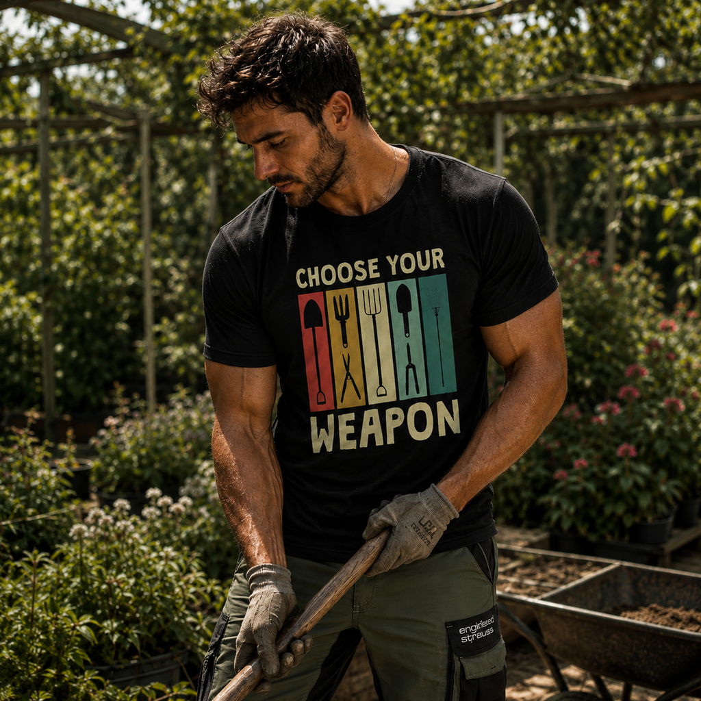 Choose Your Weapon gardening T-shirt, garden tools shirt, gardener graphic tee, gardening humor T-shirt, plant lover shirt, funny gardener gift, shovel and fork T-shirt, garden tool graphic shirt, gardening enthusiast tee, vegetable gardener shirt, botanical lifestyle clothing, backyard gardener gift, allotment gardening shirt, green thumb T-shirt, garden lover clothing, horticulture gift, gardening quote shirt, retro gardening graphic tee, heavyweight cotton T-shirt, garment-dyed unisex tee, relaxed fit ga