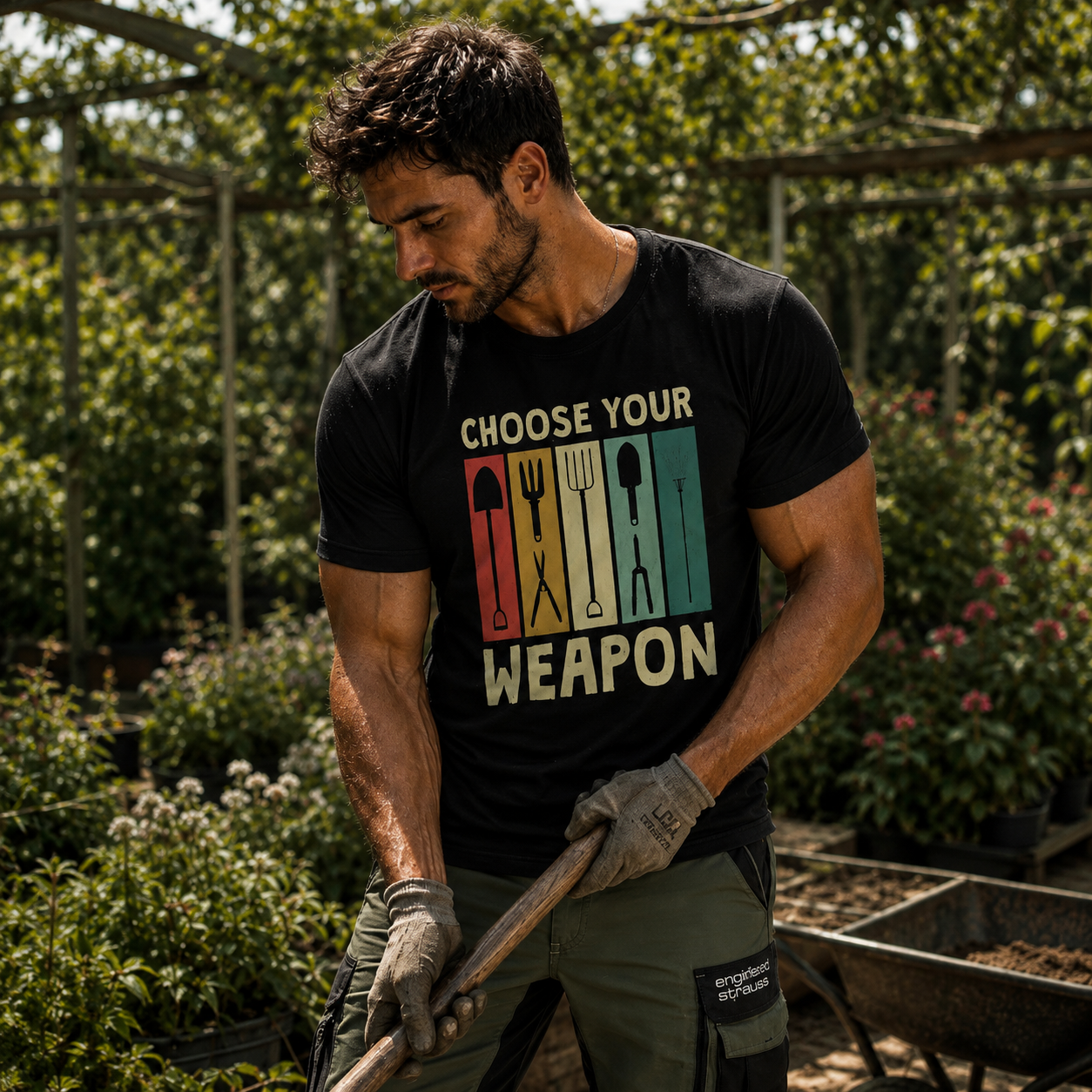Choose Your Weapon gardening T-shirt, garden tools shirt, gardener graphic tee, gardening humor T-shirt, plant lover shirt, funny gardener gift, shovel and fork T-shirt, garden tool graphic shirt, gardening enthusiast tee, vegetable gardener shirt, botanical lifestyle clothing, backyard gardener gift, allotment gardening shirt, green thumb T-shirt, garden lover clothing, horticulture gift, gardening quote shirt, retro gardening graphic tee, heavyweight cotton T-shirt, garment-dyed unisex tee, relaxed fit ga