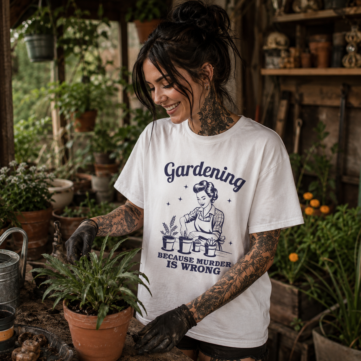 gardening t-shirt, funny gardening shirt, gardening because murder is wrong shirt, plant lover t-shirt, white graphic tee women, alternative women’s fashion, rock style gardening outfit, plant mom shirt, garden lover gift, funny plant shirt, botanical graphic tee, repotting plants outfit, greenhouse fashion, gardening humor tee, women’s garden shirt, hobby gardener gift, plant lady t-shirt, casual gardening clothes, alternative gardener style, white plant graphic shirt, backyard gardening outfit, flower lov