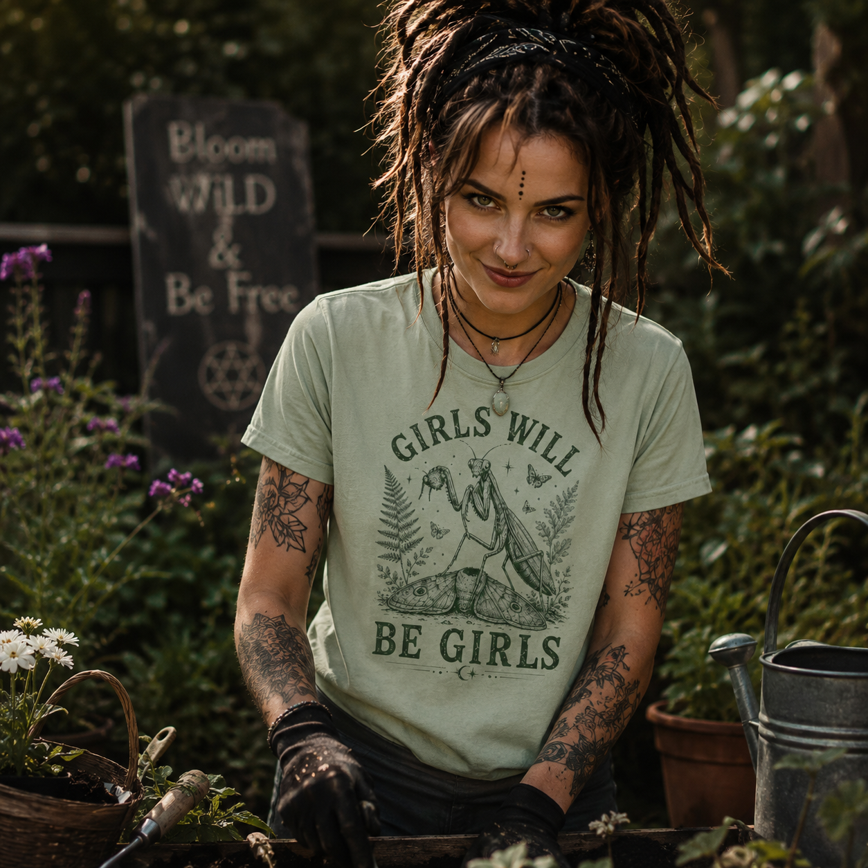 girls will be girls shirt, praying mantis t-shirt, witchy garden shirt, gothic botanical tee, alternative women’s shirt, witchcraft garden outfit, dreadlock witch style, dark cottagecore clothing, mischievous girl graphic tee, nature witch t-shirt, insect lover shirt, praying mantis graphic, botanical gothic fashion, garden lover gift, witchy women’s apparel, sage green graphic tee, alternative gardening outfit, occult nature shirt, edgy feminine t-shirt, Merloan witchy shirt