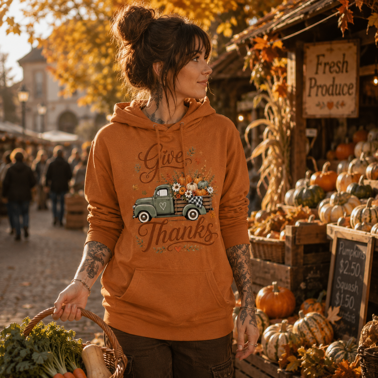 give thanks hoodie, Thanksgiving graphic hoodie, autumn market hoodie, fall harvest sweatshirt, cozy Thanksgiving outfit, vintage truck pumpkin hoodie, farmers market fall outfit, autumn vegetable market hoodie, rustic fall clothing, pumpkin truck graphic sweatshirt, gratitude season hoodie, cozy alternative fashion, harvest festival hoodie, orange autumn pullover, Thanksgiving gift for women, fall farm market clothing, warm seasonal hoodie, cottagecore Thanksgiving sweatshirt, unisex autumn graphic hoodie,