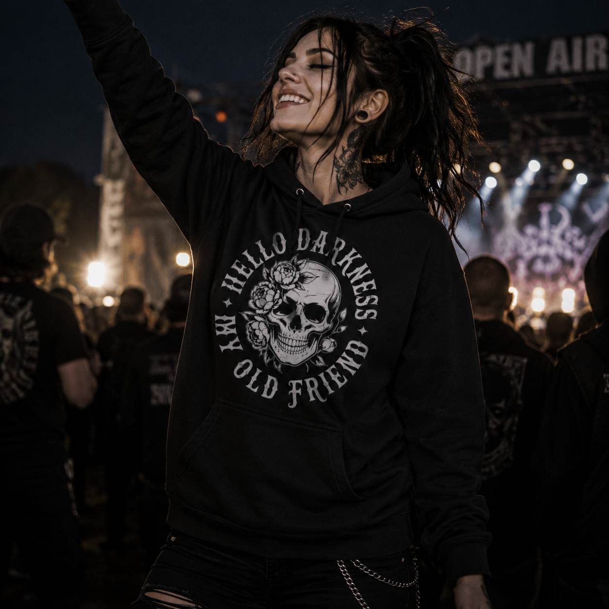 hello darkness hoodie, skull flowers hoodie, floral skull sweatshirt, gothic floral hoodie, dark flower hoodie, skull flower design, alternative hoodie, gothic streetwear hoodie, emo floral hoodie, dark humor hoodie, cozy gothic hoodie, pouch pocket hoodie, classic streetwear hoodie, black skull hoodie, Merloan skull hoodie