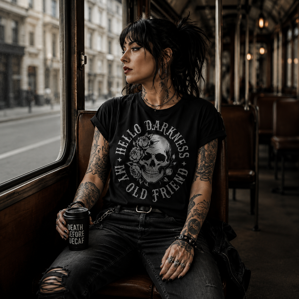 hello darkness shirt, skull flowers t-shirt, floral skull tee, gothic flower shirt, dark floral t-shirt, alternative skull shirt, gothic botanical tee, skull flower design, emo graphic tee, dark humor shirt, spooky floral shirt, skull lover t-shirt, heavyweight cotton t-shirt, garment-dyed tee, relaxed fit skull shirt