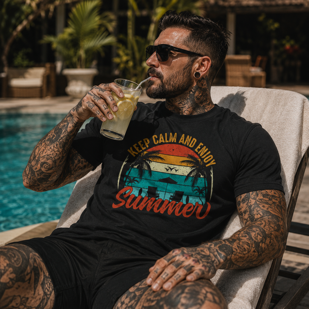 keep calm and enjoy summer shirt, summer graphic t-shirt, poolside vacation shirt, retro sunset tee, beach lover shirt, tropical summer apparel, lemonade by the pool shirt, alternative summer style, tattooed men’s fashion, vintage beach graphic tee, palm tree sunset shirt, summer holiday outfit, relaxed vacation t-shirt, pool party shirt, coastal lifestyle tee, black summer graphic shirt, muscular men’s casual tee, sunshine lover gift, retro tropical t-shirt, Merloan summer shirt