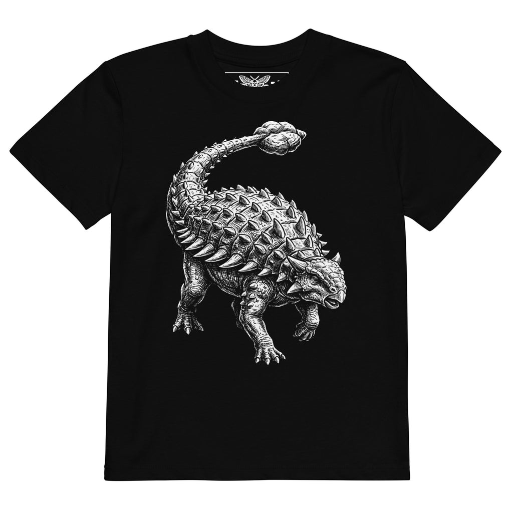 Product mockup black dinosaur t-shirt, kids dinosaur shirt, ankylosaurus t-shirt, armored dinosaur tee, dinosaur graphic shirt, boys dinosaur t-shirt, unisex kids shirt, black kids t-shirt, prehistoric animal shirt, dinosaur lover gift, gift for dinosaur kids, paleontology shirt, fossil lover t-shirt, Jurassic style clothing, detailed dinosaur artwork, monochrome dinosaur print, white dinosaur graphic, cool kids t-shirt, alternative kids clothing, rock style kids shirt, edgy kids fashion, dinosaur playroom 