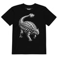 Product mockup black dinosaur t-shirt, kids dinosaur shirt, ankylosaurus t-shirt, armored dinosaur tee, dinosaur graphic shirt, boys dinosaur t-shirt, unisex kids shirt, black kids t-shirt, prehistoric animal shirt, dinosaur lover gift, gift for dinosaur kids, paleontology shirt, fossil lover t-shirt, Jurassic style clothing, detailed dinosaur artwork, monochrome dinosaur print, white dinosaur graphic, cool kids t-shirt, alternative kids clothing, rock style kids shirt, edgy kids fashion, dinosaur playroom 
