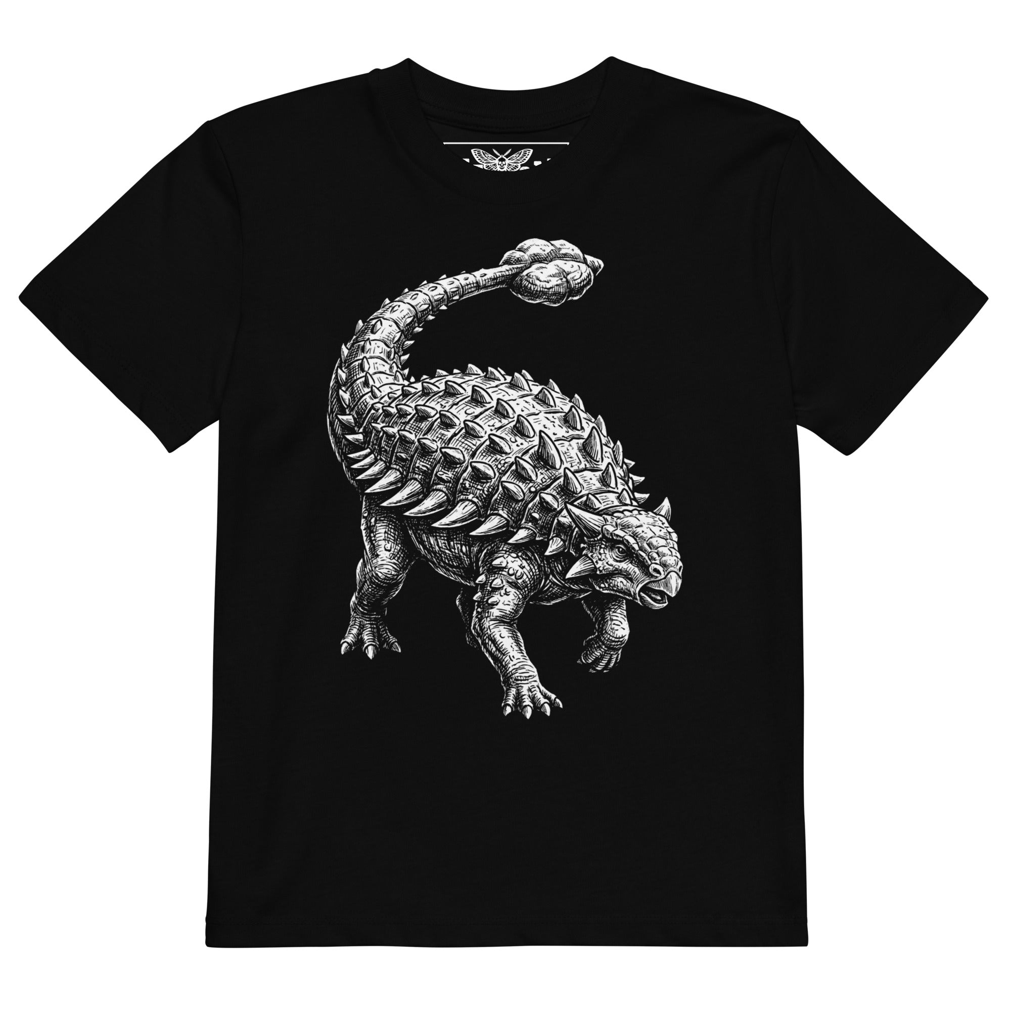 Product mockup black dinosaur t-shirt, kids dinosaur shirt, ankylosaurus t-shirt, armored dinosaur tee, dinosaur graphic shirt, boys dinosaur t-shirt, unisex kids shirt, black kids t-shirt, prehistoric animal shirt, dinosaur lover gift, gift for dinosaur kids, paleontology shirt, fossil lover t-shirt, Jurassic style clothing, detailed dinosaur artwork, monochrome dinosaur print, white dinosaur graphic, cool kids t-shirt, alternative kids clothing, rock style kids shirt, edgy kids fashion, dinosaur playroom 