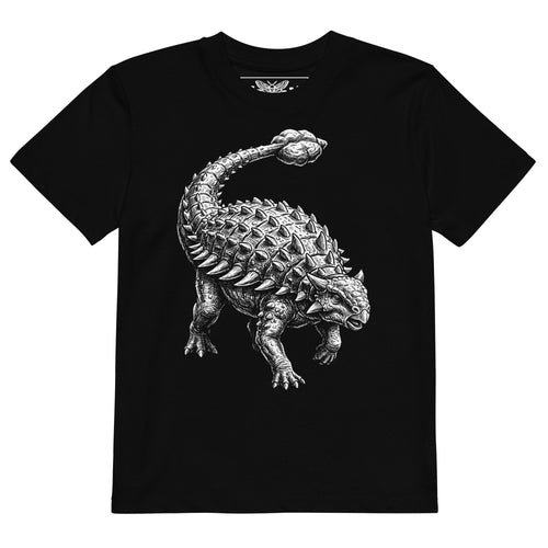 Product mockup black dinosaur t-shirt, kids dinosaur shirt, ankylosaurus t-shirt, armored dinosaur tee, dinosaur graphic shirt, boys dinosaur t-shirt, unisex kids shirt, black kids t-shirt, prehistoric animal shirt, dinosaur lover gift, gift for dinosaur kids, paleontology shirt, fossil lover t-shirt, Jurassic style clothing, detailed dinosaur artwork, monochrome dinosaur print, white dinosaur graphic, cool kids t-shirt, alternative kids clothing, rock style kids shirt, edgy kids fashion, dinosaur playroom 