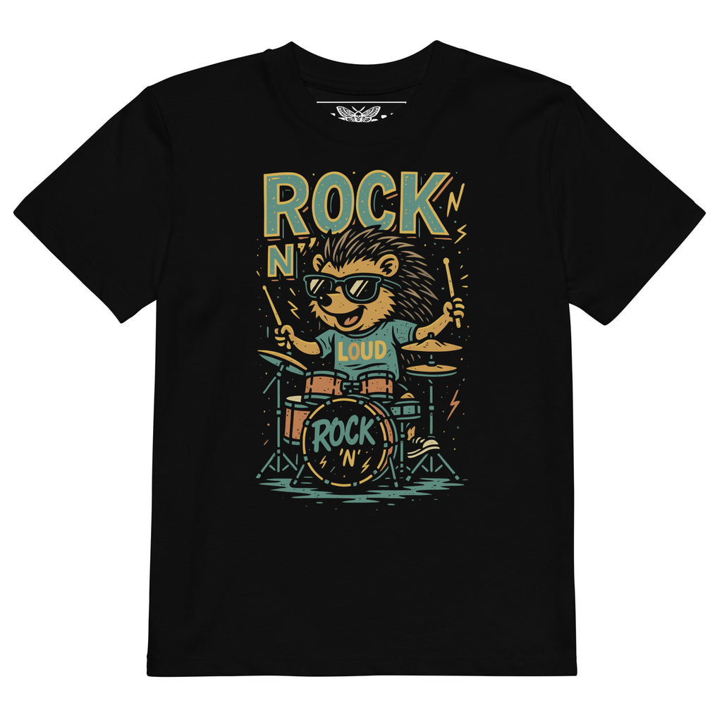 Product mockup rock n loud kids t-shirt, hedgehog drummer shirt, rock music kids clothing, little rocker t-shirt, drummer kids shirt, music lover kids tee, black graphic t-shirt, alternative kids clothing, punk kids fashion, rock and roll kids shirt, metal kids clothing, cool kids t-shirt, wild child outfit, girls rock shirt, boys rock shirt, unisex kids t-shirt, cartoon hedgehog shirt, animal drummer design, drum kit graphic tee, colorful kids shirt, vintage style graphic tee, retro rock design, concert in