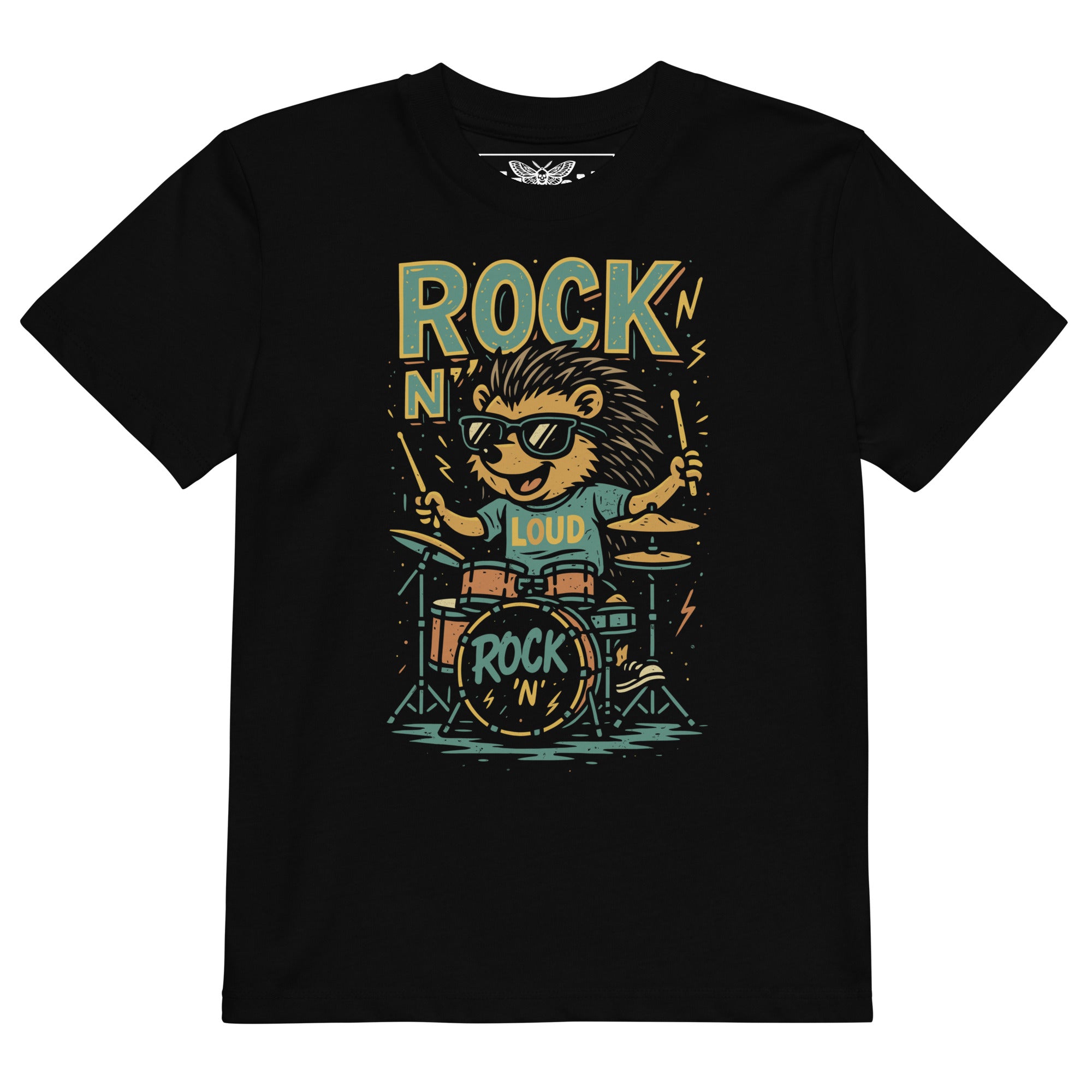 Product mockup rock n loud kids t-shirt, hedgehog drummer shirt, rock music kids clothing, little rocker t-shirt, drummer kids shirt, music lover kids tee, black graphic t-shirt, alternative kids clothing, punk kids fashion, rock and roll kids shirt, metal kids clothing, cool kids t-shirt, wild child outfit, girls rock shirt, boys rock shirt, unisex kids t-shirt, cartoon hedgehog shirt, animal drummer design, drum kit graphic tee, colorful kids shirt, vintage style graphic tee, retro rock design, concert in