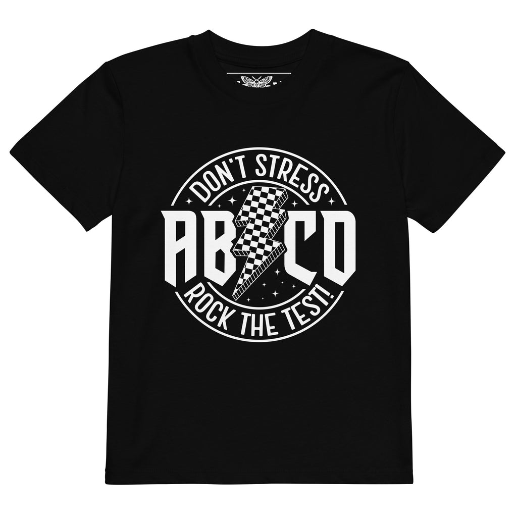 Product mockup don’t stress rock the test t-shirt, ABCD kids shirt, school rock t-shirt, back to school shirt, funny school t-shirt, kids classroom shirt, test day outfit, exam day shirt, school motivation t-shirt, rock the test tee, little rocker shirt, rock and roll kids clothing, alternative kids fashion, punk kids clothing, cool kids t-shirt, black graphic t-shirt, boys school shirt, girls school shirt, unisex kids t-shirt, checkerboard lightning design, lightning bolt shirt, retro rock graphic tee, edg