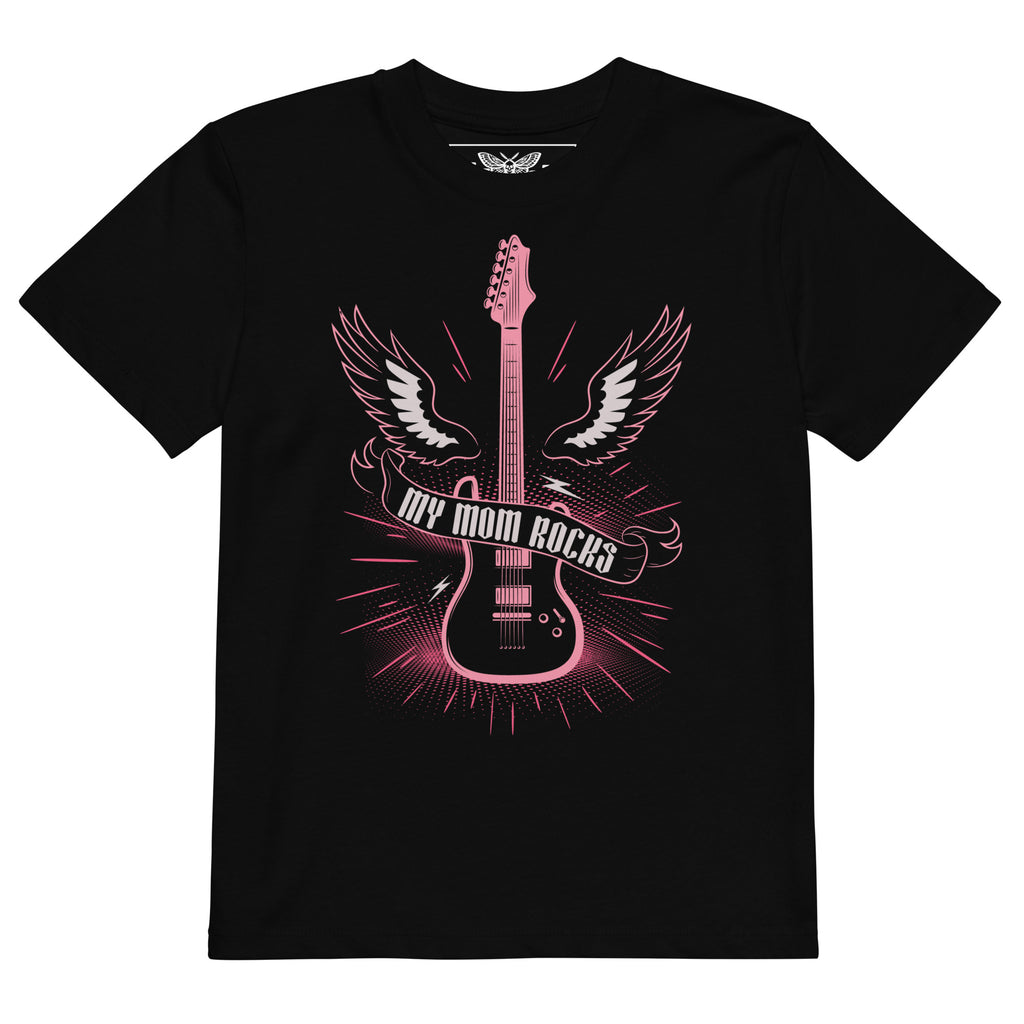 Product mockup my mom rocks t-shirt, kids rock shirt, girls rock t-shirt, little rocker shirt, rock and roll kids clothing, guitar kids shirt, electric guitar t-shirt, music lover kids tee, rock mom shirt, mom appreciation shirt, cool mom kids shirt, alternative kids clothing, punk kids fashion, metal kids clothing, black graphic t-shirt, pink guitar design, winged guitar shirt, girls music shirt, boys music shirt, unisex kids t-shirt, wild child outfit, toddler rock shirt, preschool kids t-shirt, little re
