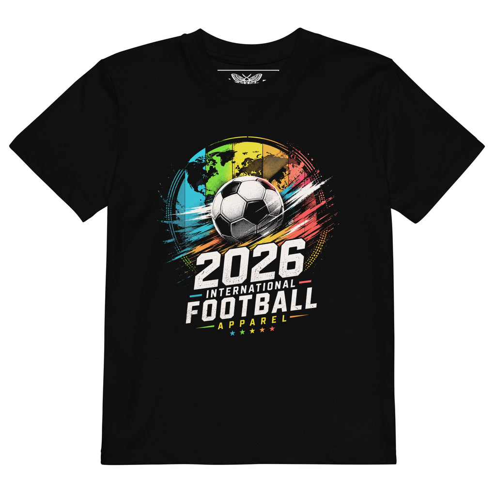 Product mockup 2026 football t-shirt, international football shirt, kids soccer t-shirt, girls soccer shirt, youth football clothing, football graphic tee, soccer training shirt, black kids t-shirt, football fan apparel, soccer lover shirt, girls sports t-shirt, unisex kids clothing, colorful football design, soccer ball graphic tee, international tournament shirt, football 2026 apparel, match day outfit, game day t-shirt, soccer practice clothing, youth soccer fashion, active kids clothing, sporty girls sh