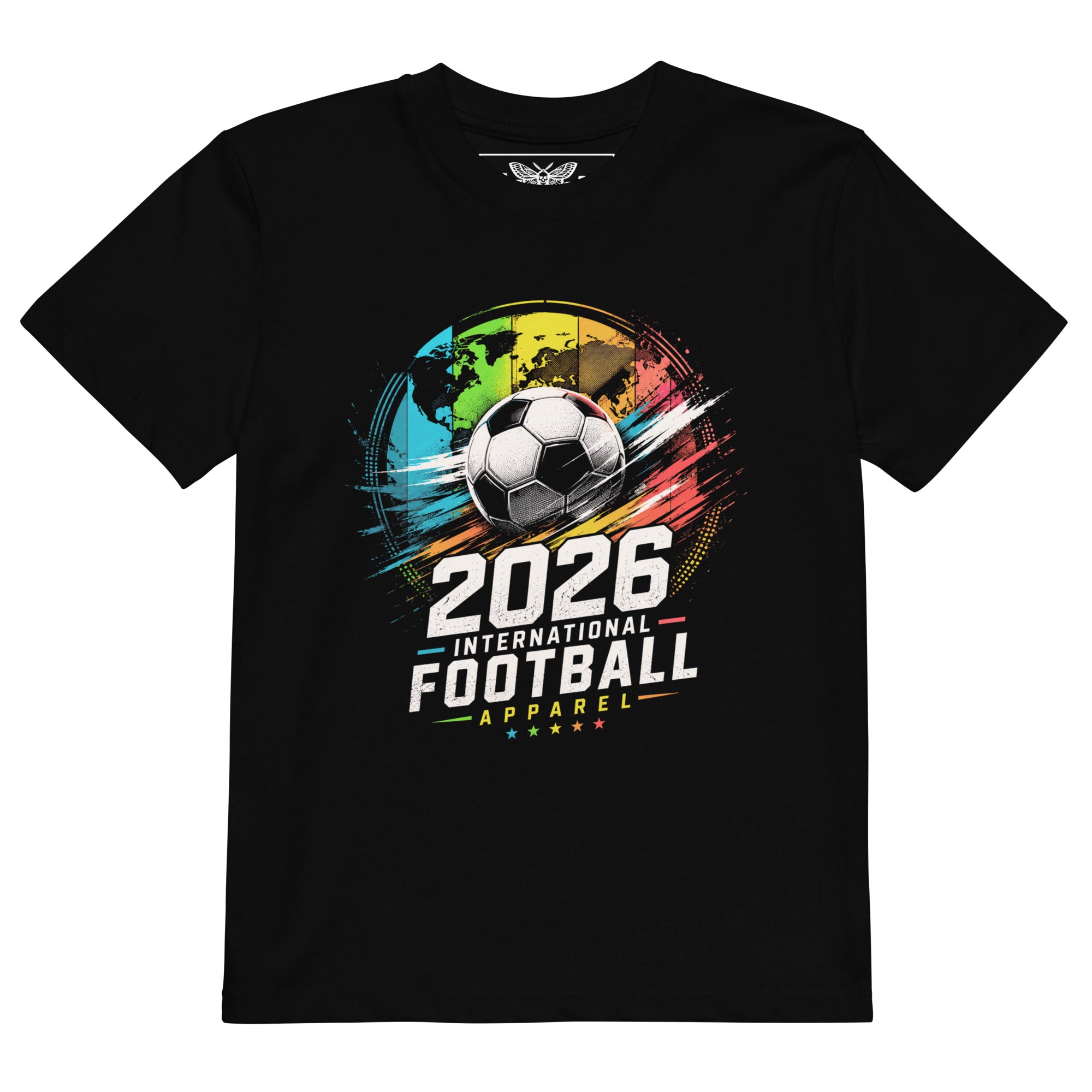 Product mockup 2026 football t-shirt, international football shirt, kids soccer t-shirt, girls soccer shirt, youth football clothing, football graphic tee, soccer training shirt, black kids t-shirt, football fan apparel, soccer lover shirt, girls sports t-shirt, unisex kids clothing, colorful football design, soccer ball graphic tee, international tournament shirt, football 2026 apparel, match day outfit, game day t-shirt, soccer practice clothing, youth soccer fashion, active kids clothing, sporty girls sh