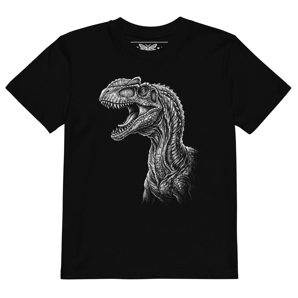Product mockup black dinosaur t-shirt, kids dinosaur shirt, velociraptor t-shirt, raptor graphic tee, dinosaur portrait shirt, girls dinosaur t-shirt, boys dinosaur t-shirt, unisex kids clothing, black kids t-shirt, monochrome dinosaur print, white dinosaur graphic, detailed dinosaur artwork, prehistoric animal shirt, dinosaur lover clothing, cool kids fashion, alternative kids clothing, rock style kids shirt, edgy children’s fashion, little rocker outfit, toddler dinosaur shirt, preschool dinosaur tee, chi